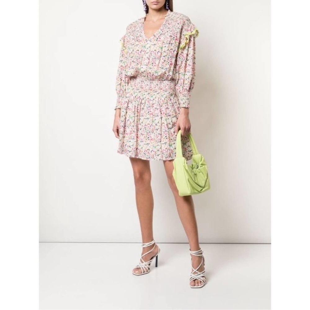 Tanya Taylor Imogen Floral Smocked V-Neck Long Sleeve Mini Dress Confetti Sz M